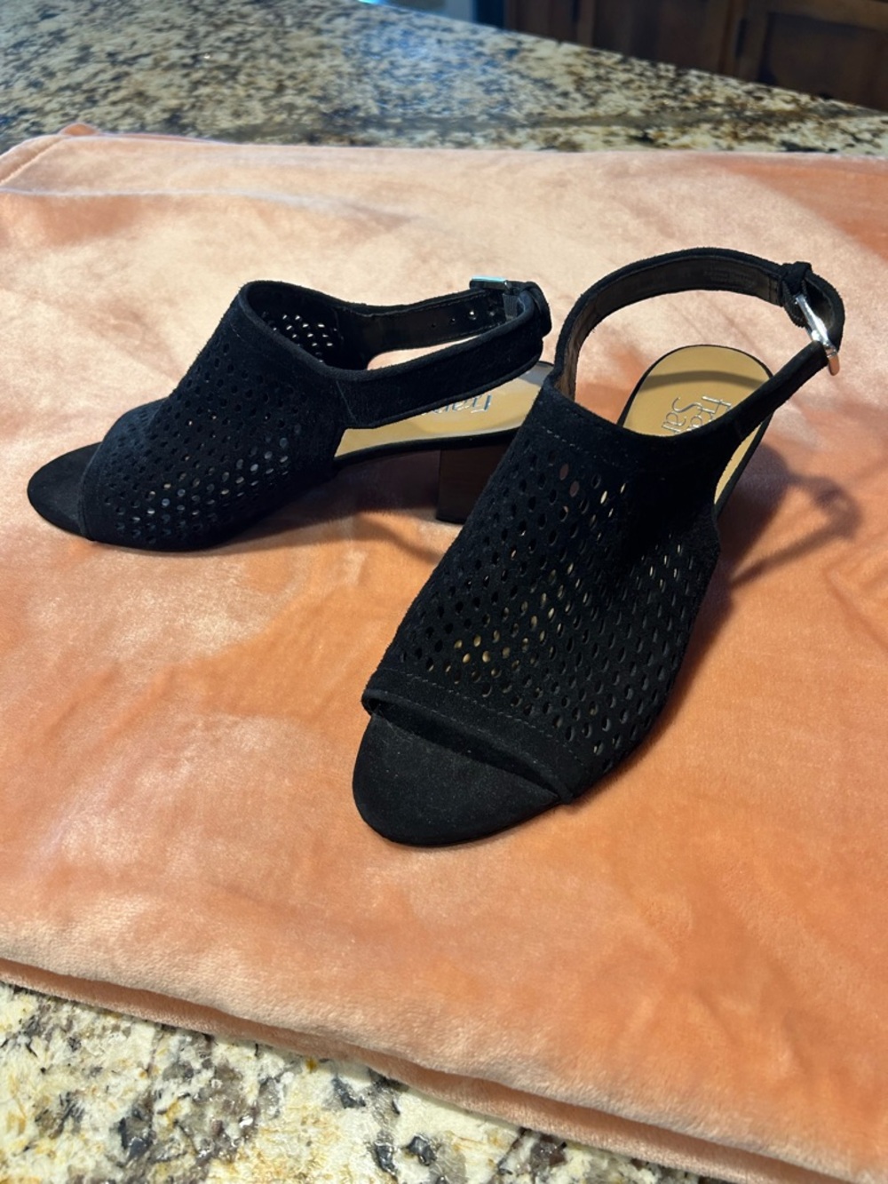 Franco Sarto Black Perforated Slingback Block Heels